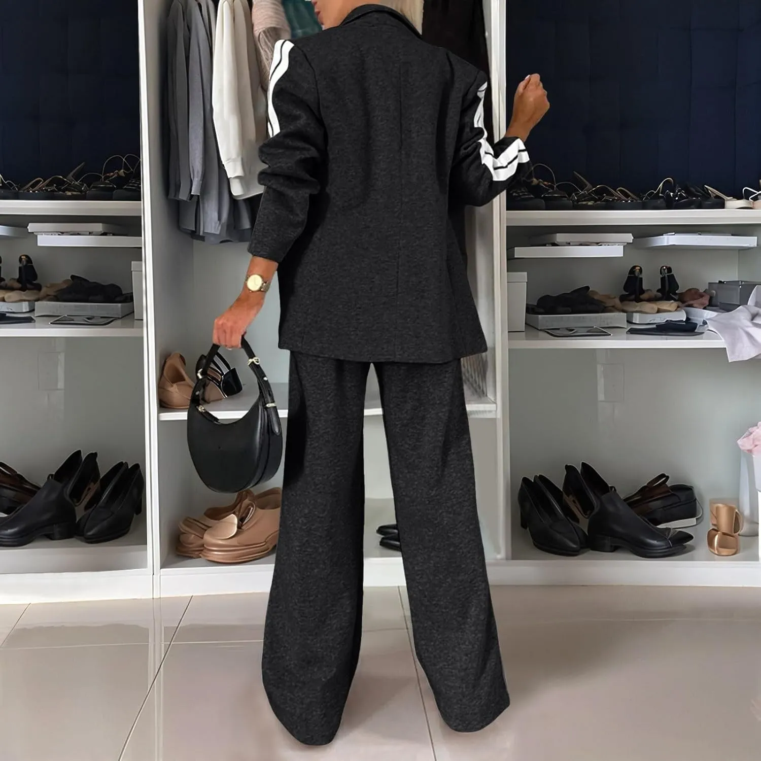 2 Piece Blazer Outfits for Women Comfy Oversized Jacket Wide Leg Pants Suits Notch Lapel Casual Business Dressy Sets