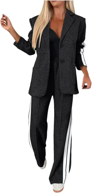 2 Piece Blazer Outfits for Women Comfy Oversized Jacket Wide Leg Pants Suits Notch Lapel Casual Business Dressy Sets