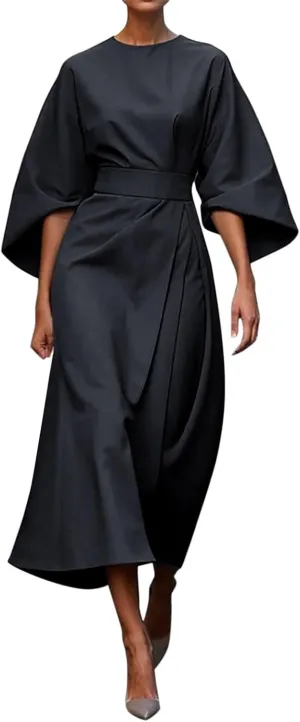 2025 Dresses for Women Elegant Classy 3/4 Lantern Sleeve Solid Color High Waist A Line Flowy Formal Evening Gowns Dress