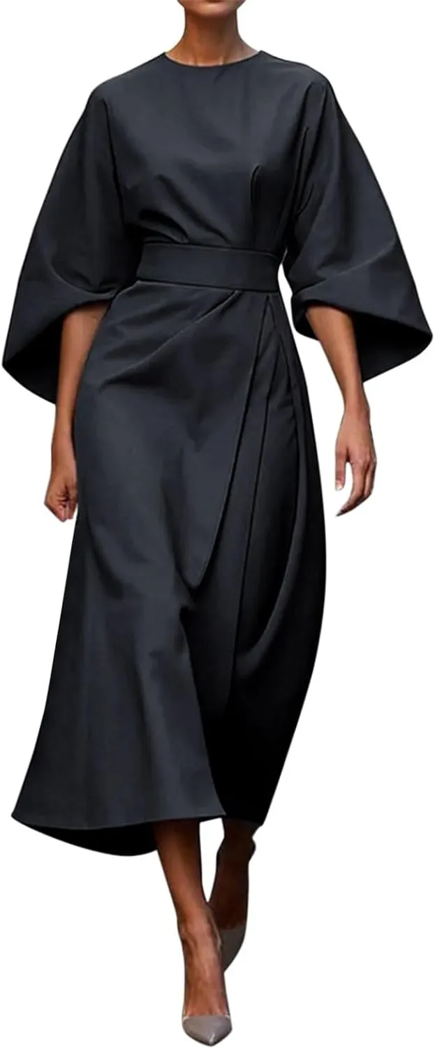 2025 Dresses for Women Elegant Classy 3/4 Lantern Sleeve Solid Color High Waist A Line Flowy Formal Evening Gowns Dress