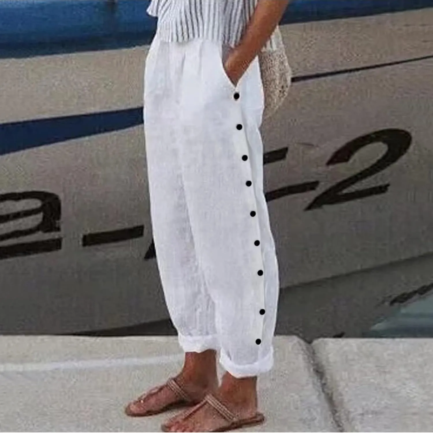 2025 Linen Pants Women Summer Casual Side Button Down Baggy Pants Elastic High Waist Tapered Wide Leg Pants w/Pockets