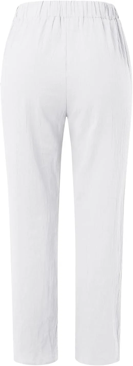 2025 Linen Pants Women Summer Casual Side Button Down Baggy Pants Elastic High Waist Tapered Wide Leg Pants w/Pockets