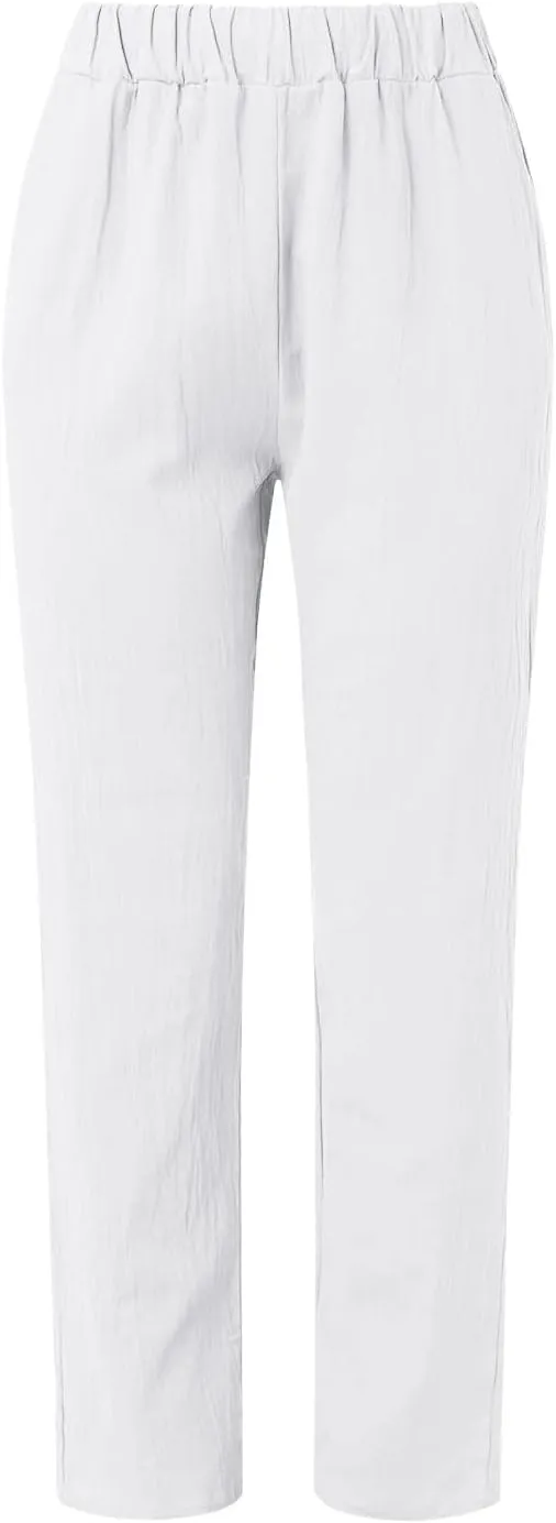 2025 Linen Pants Women Summer Casual Side Button Down Baggy Pants Elastic High Waist Tapered Wide Leg Pants w/Pockets