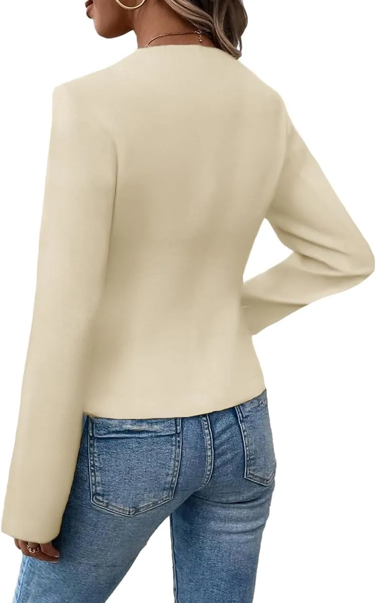2025 Women's Spring Tweed Blazer Fully-Lined Collarless Open Front Elegant Petite Cute Fashion Casual Work Jacket