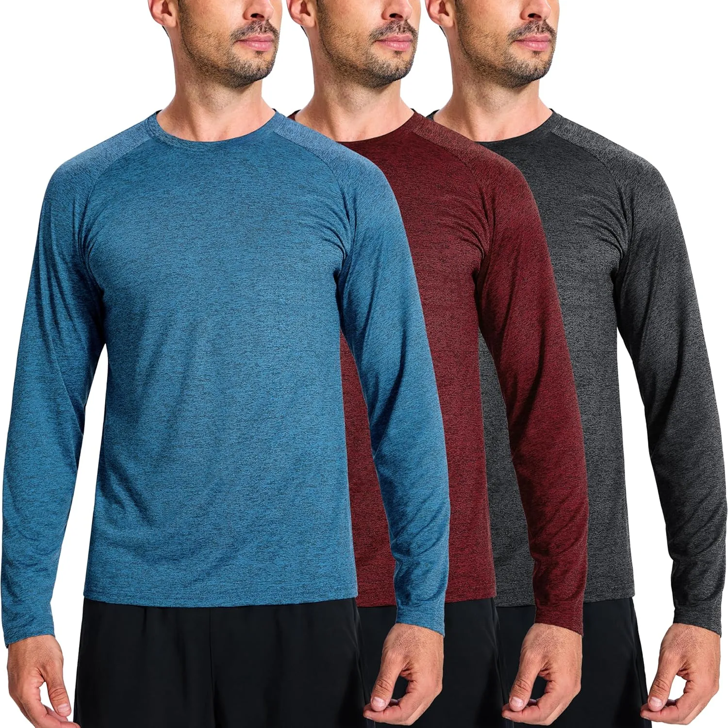 3 Pack Men's Dry Fit Quick Dry Long Sleeve Shirts -Performance Workout Running Gym Sun Protection Crew Tees Tshirts