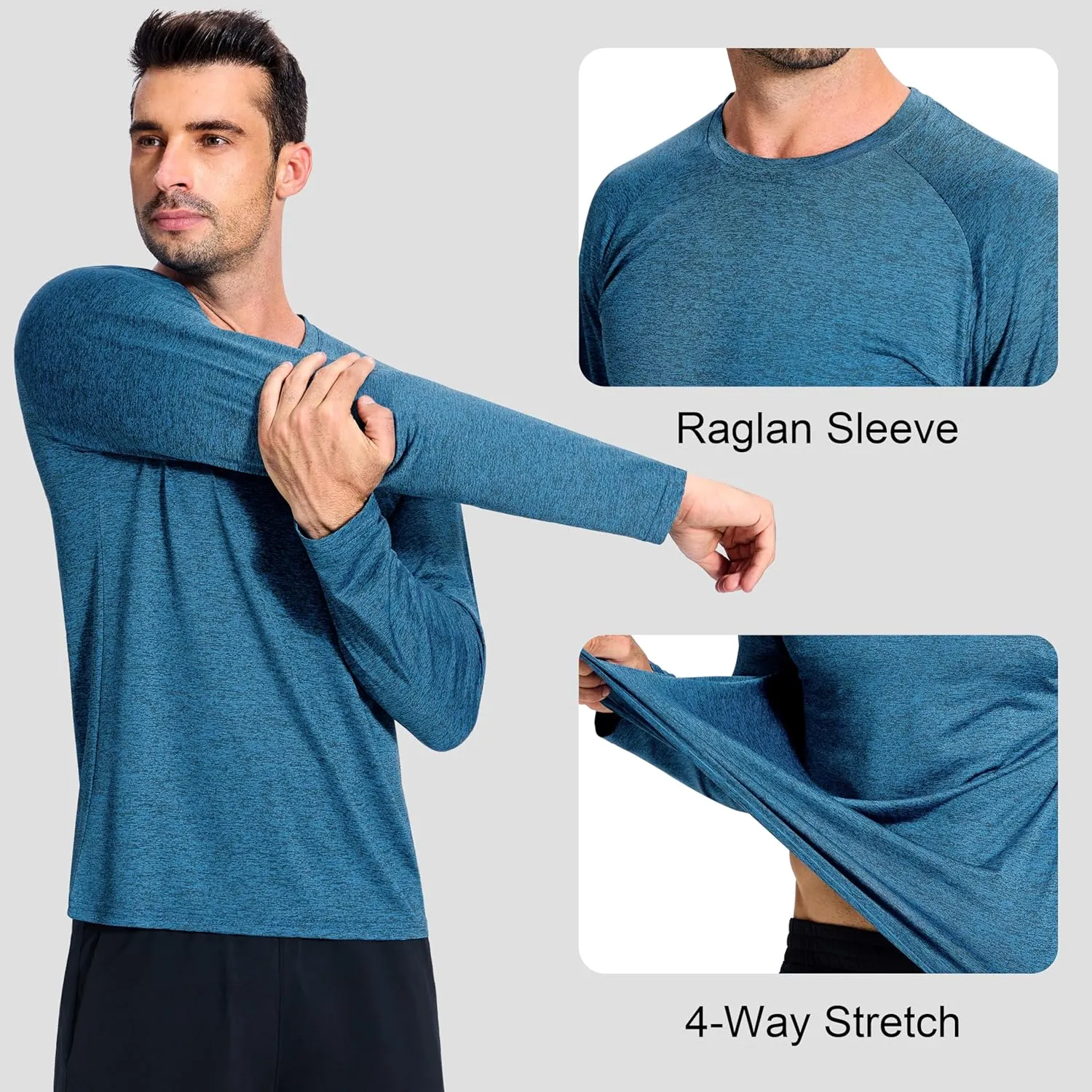 3 Pack Men's Dry Fit Quick Dry Long Sleeve Shirts -Performance Workout Running Gym Sun Protection Crew Tees Tshirts