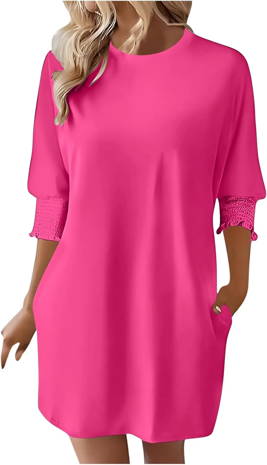3/4 Sleeve Womens Dresses Summer Spring Quarter Sleeve Crew Neck Mini Dress Loose Fit Beach Coverups Comfy Tshirt Dress