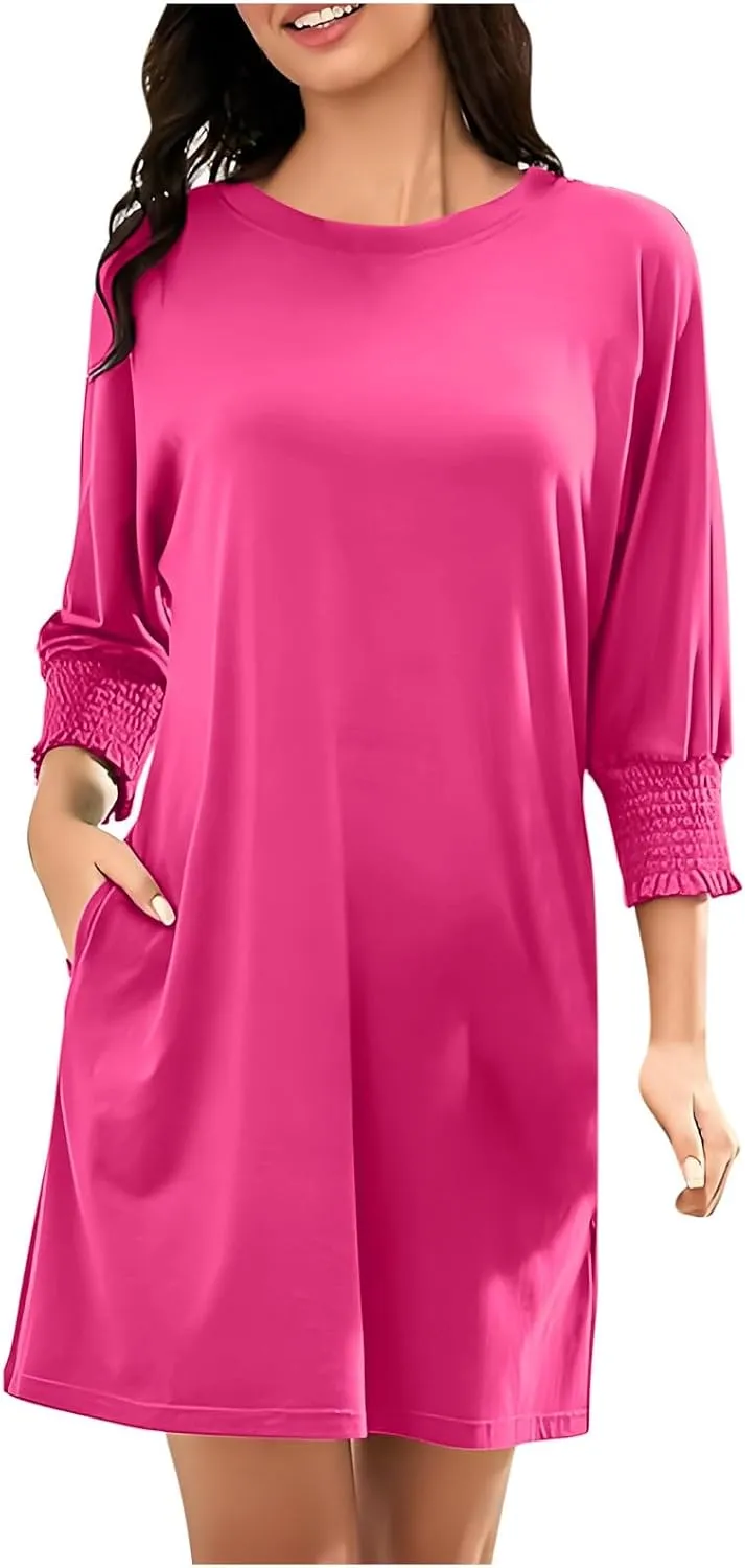 3/4 Sleeve Womens Dresses Summer Spring Quarter Sleeve Crew Neck Mini Dress Loose Fit Beach Coverups Comfy Tshirt Dress