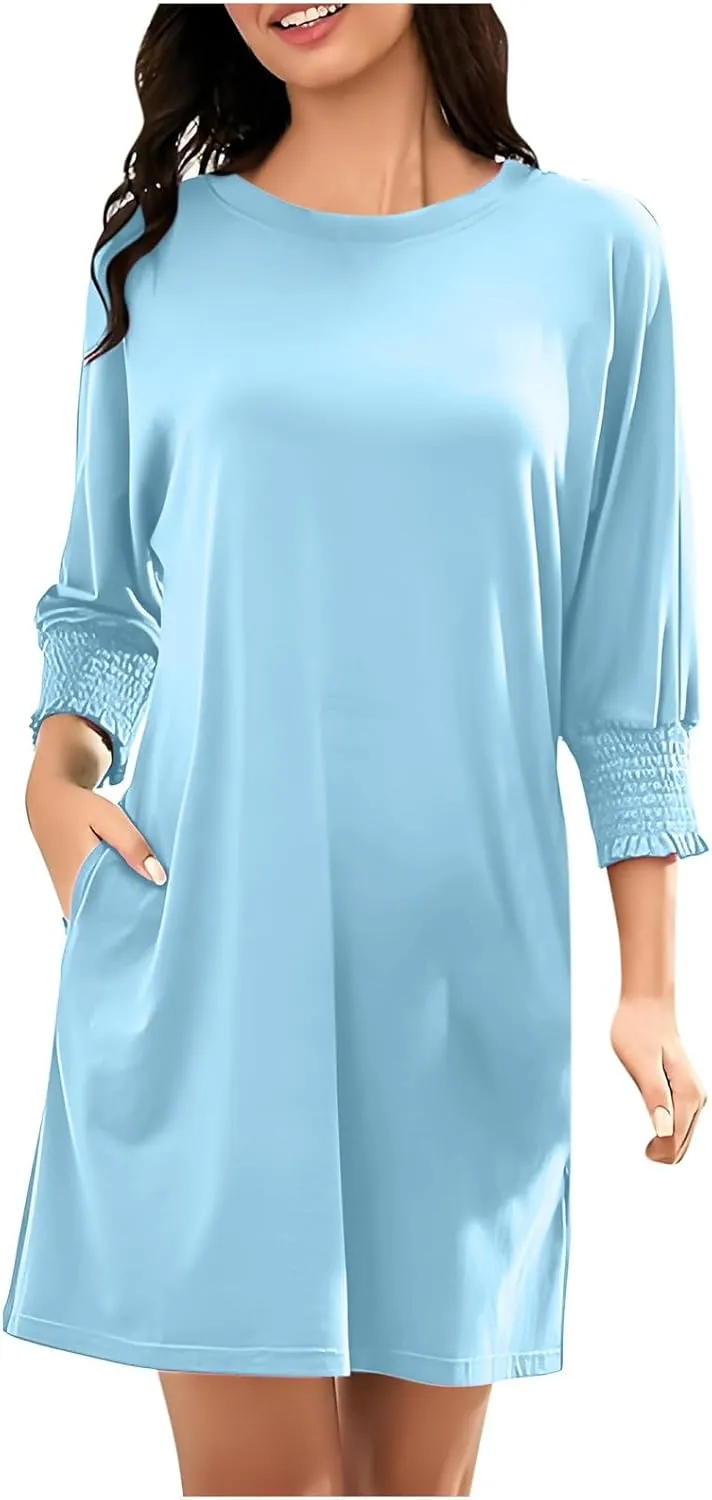 3/4 Sleeve Womens Dresses Summer Spring Quarter Sleeve Crew Neck Mini Dress Loose Fit Beach Coverups Comfy Tshirt Dress