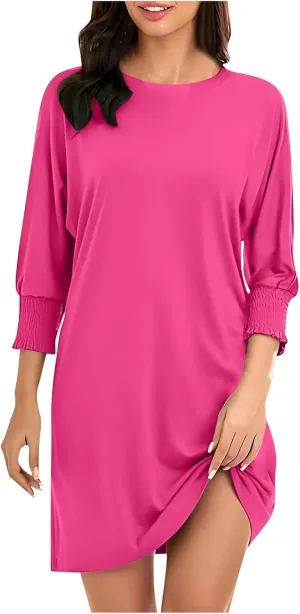 3/4 Sleeve Womens Dresses Summer Spring Quarter Sleeve Crew Neck Mini Dress Loose Fit Beach Coverups Comfy Tshirt Dress