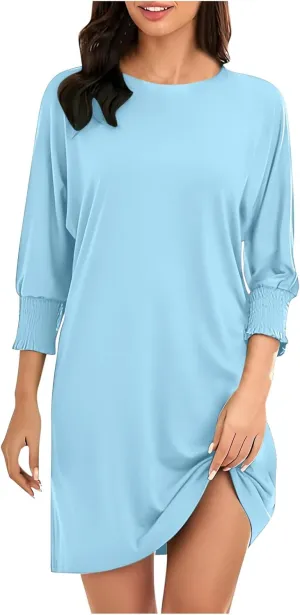 3/4 Sleeve Womens Dresses Summer Spring Quarter Sleeve Crew Neck Mini Dress Loose Fit Beach Coverups Comfy Tshirt Dress
