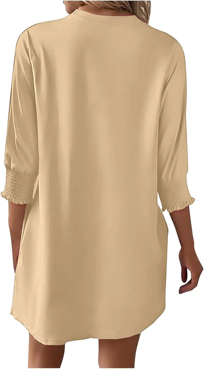 3/4 Sleeve Womens Dresses Summer Spring Quarter Sleeve Crew Neck Mini Dress Loose Fit Beach Coverups Comfy Tshirt Dress