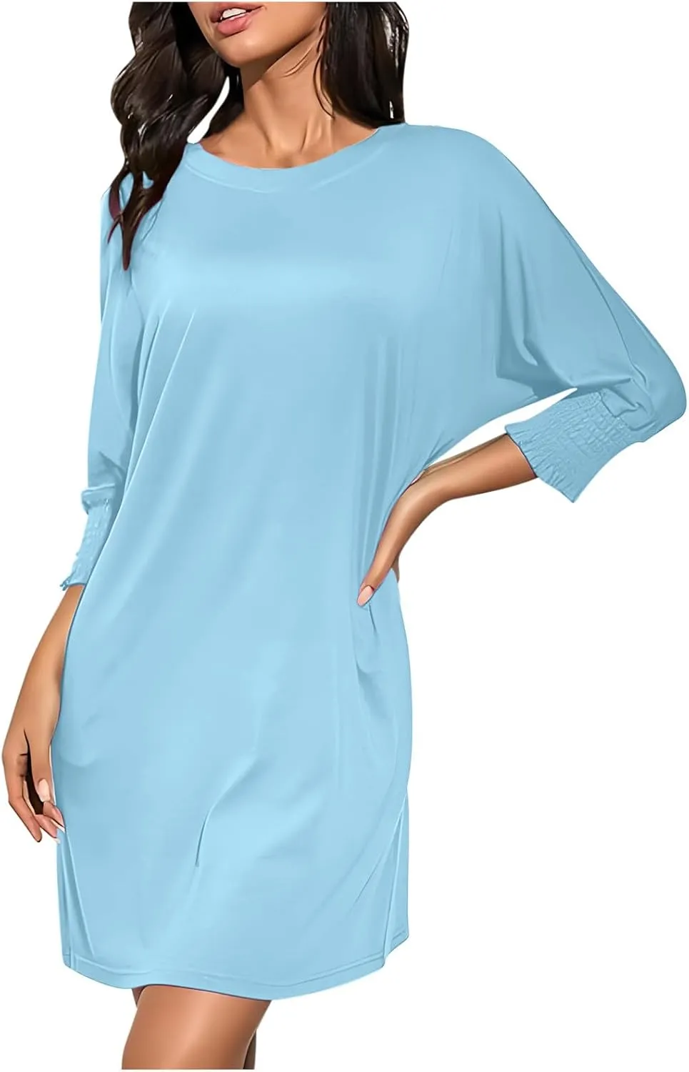 3/4 Sleeve Womens Dresses Summer Spring Quarter Sleeve Crew Neck Mini Dress Loose Fit Beach Coverups Comfy Tshirt Dress