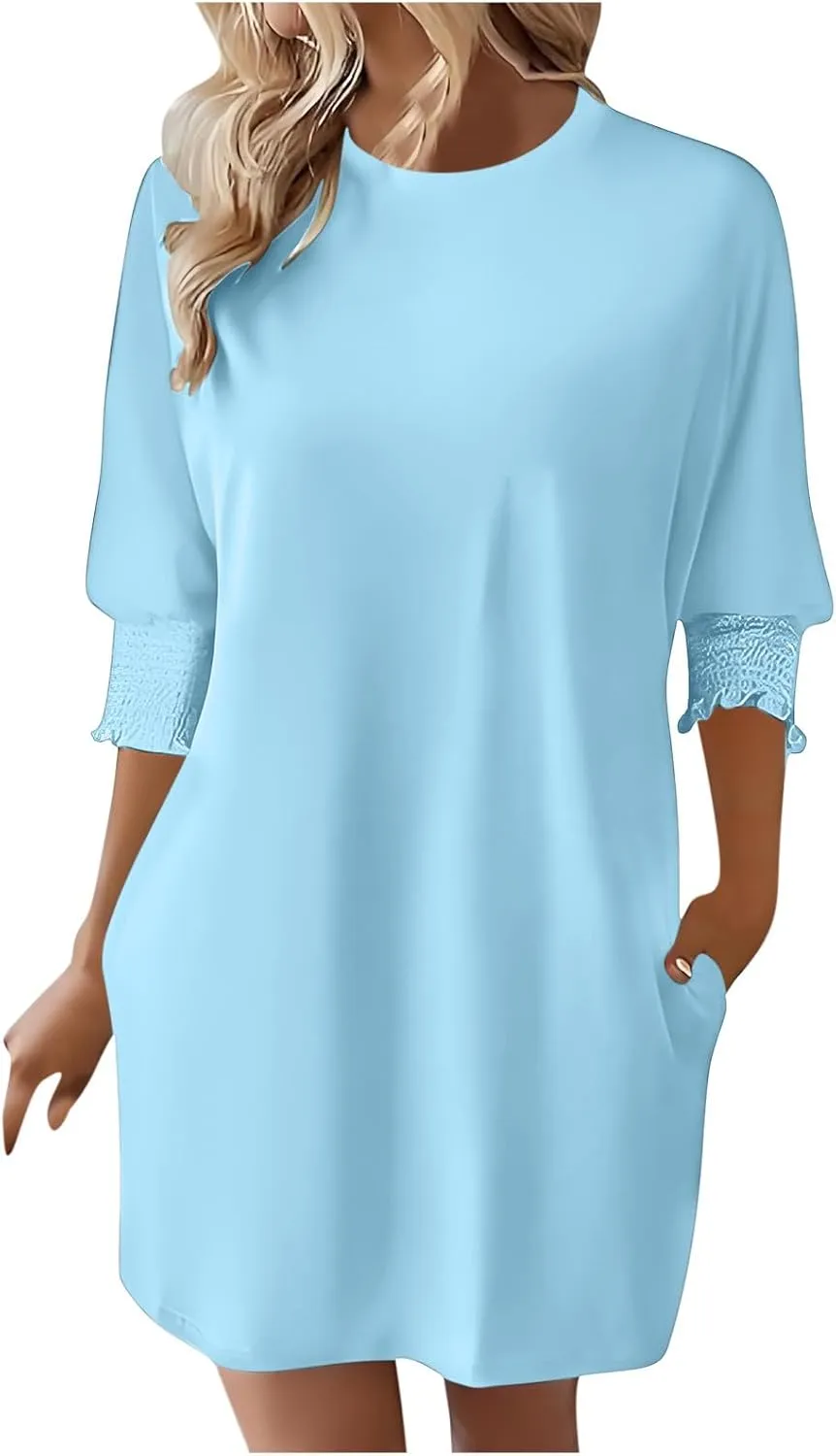 3/4 Sleeve Womens Dresses Summer Spring Quarter Sleeve Crew Neck Mini Dress Loose Fit Beach Coverups Comfy Tshirt Dress