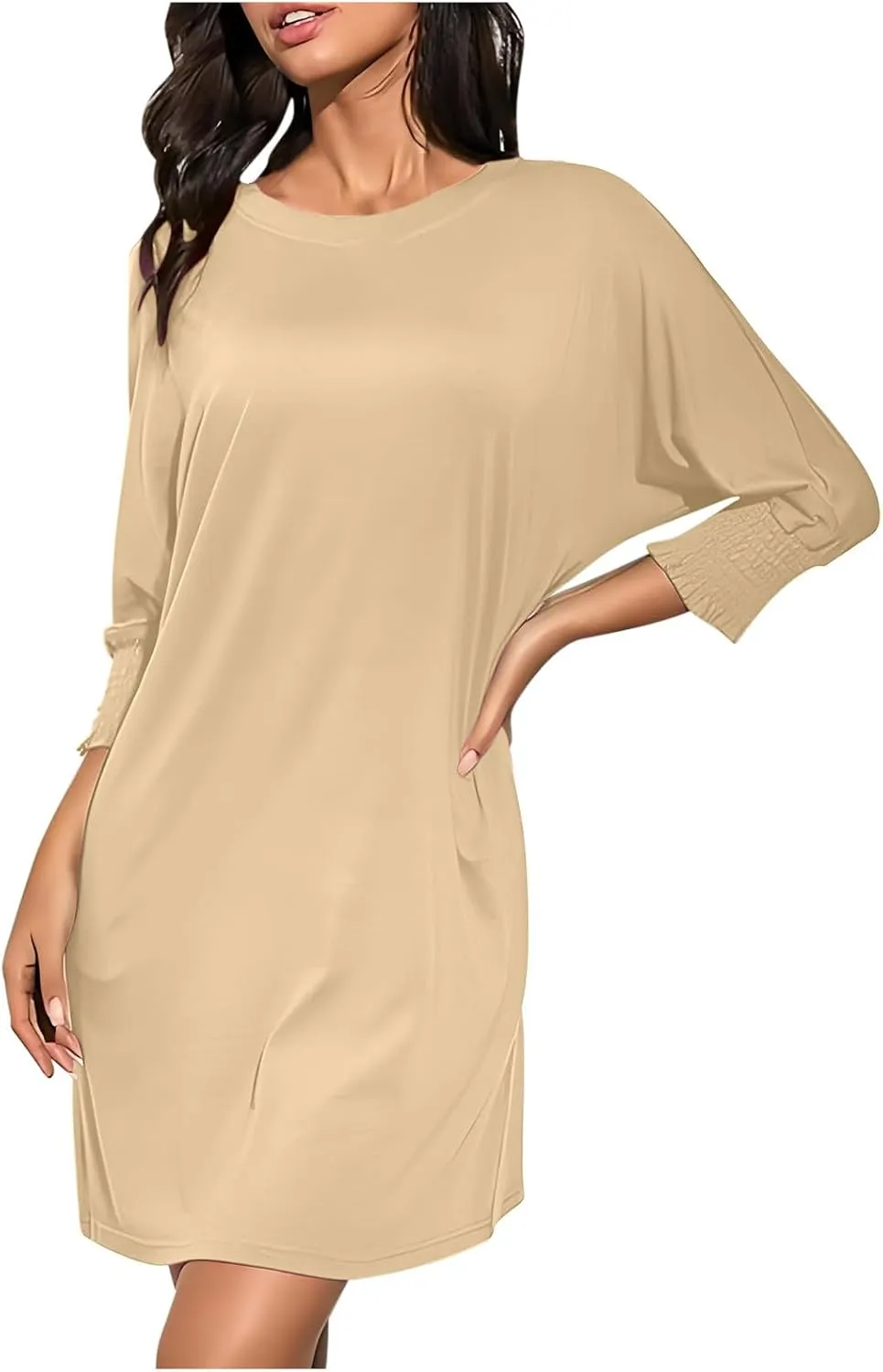 3/4 Sleeve Womens Dresses Summer Spring Quarter Sleeve Crew Neck Mini Dress Loose Fit Beach Coverups Comfy Tshirt Dress
