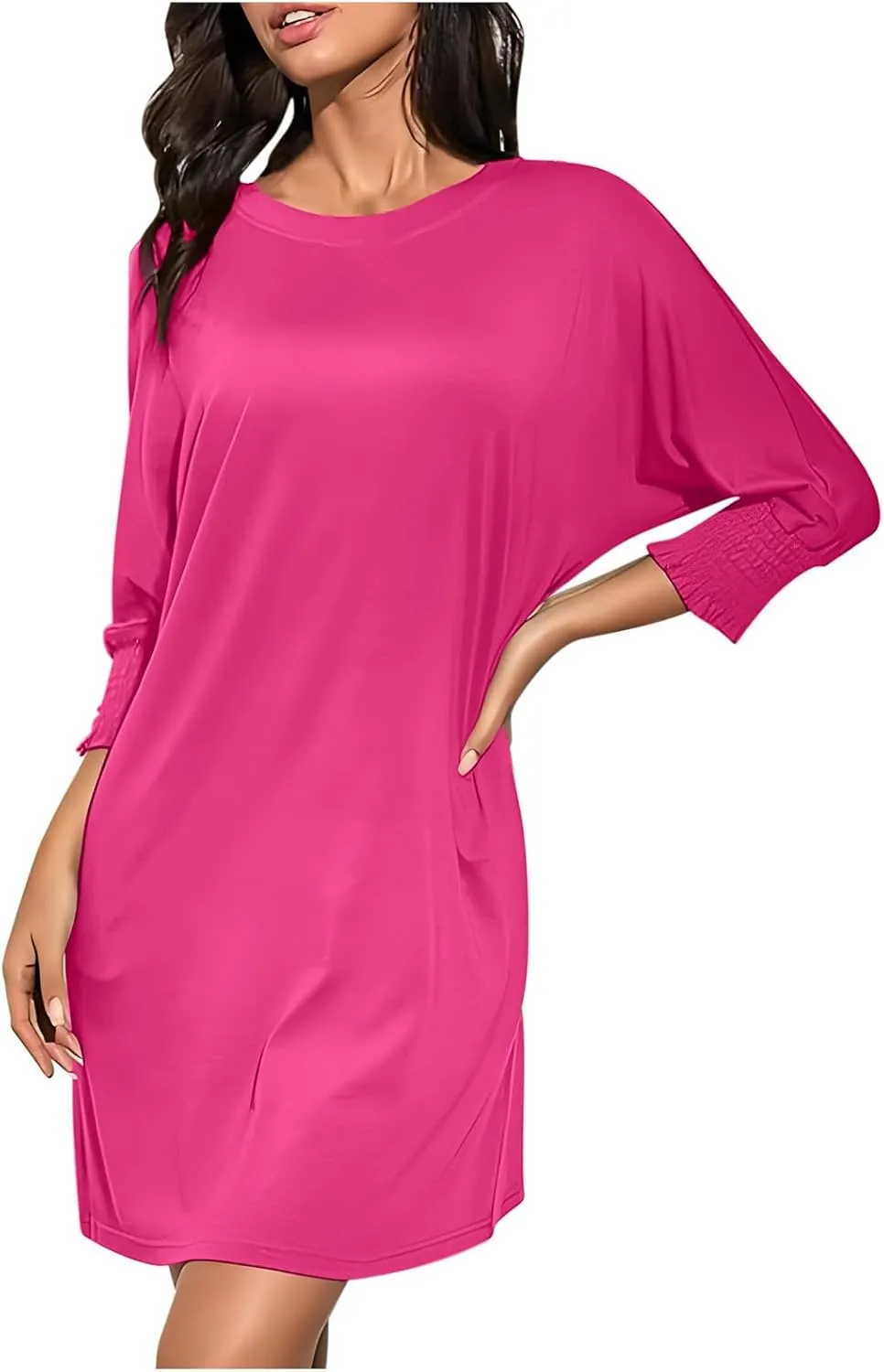 3/4 Sleeve Womens Dresses Summer Spring Quarter Sleeve Crew Neck Mini Dress Loose Fit Beach Coverups Comfy Tshirt Dress
