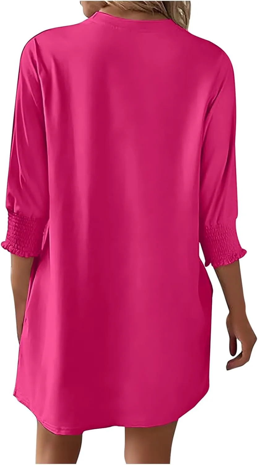 3/4 Sleeve Womens Dresses Summer Spring Quarter Sleeve Crew Neck Mini Dress Loose Fit Beach Coverups Comfy Tshirt Dress