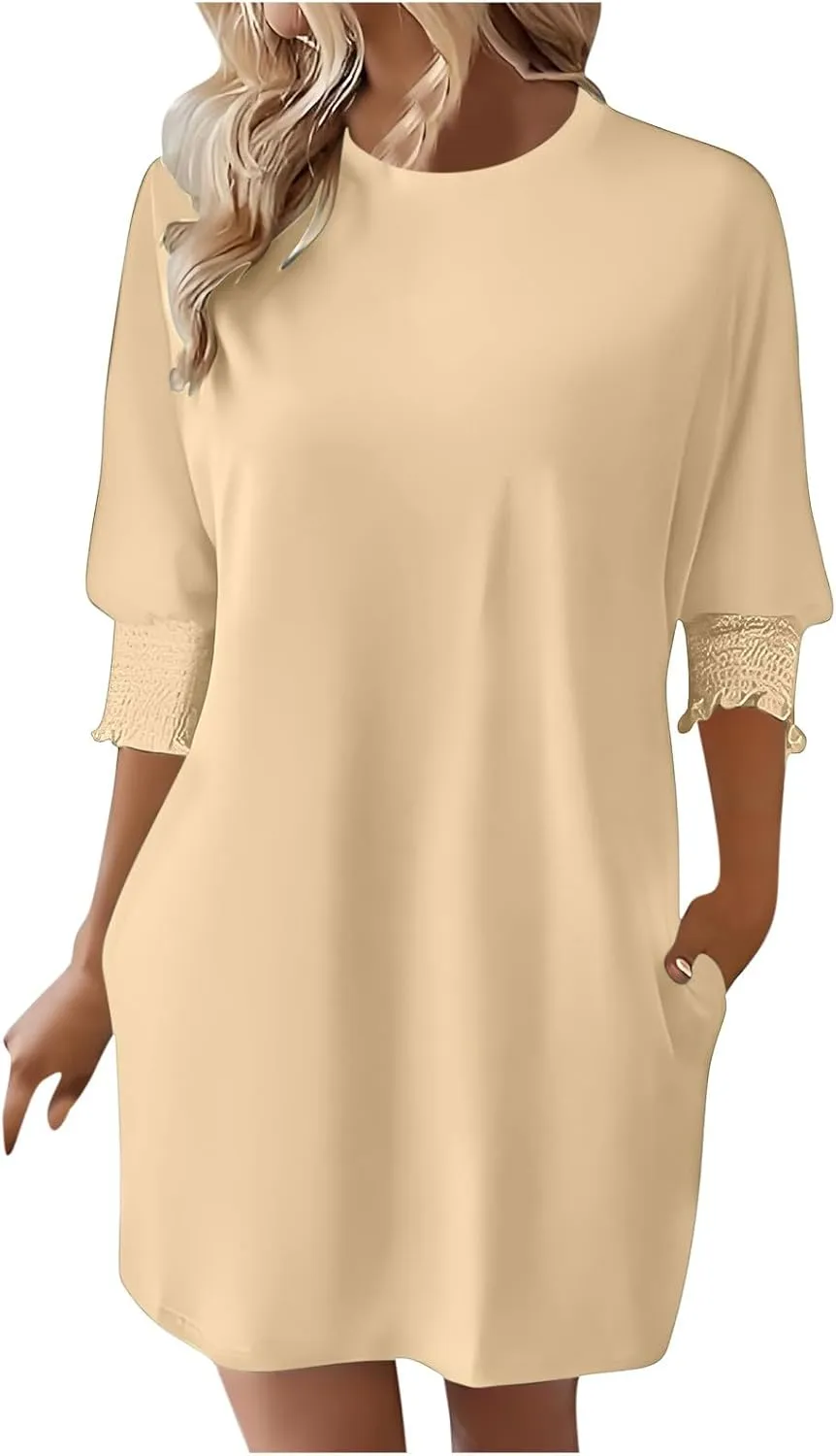 3/4 Sleeve Womens Dresses Summer Spring Quarter Sleeve Crew Neck Mini Dress Loose Fit Beach Coverups Comfy Tshirt Dress