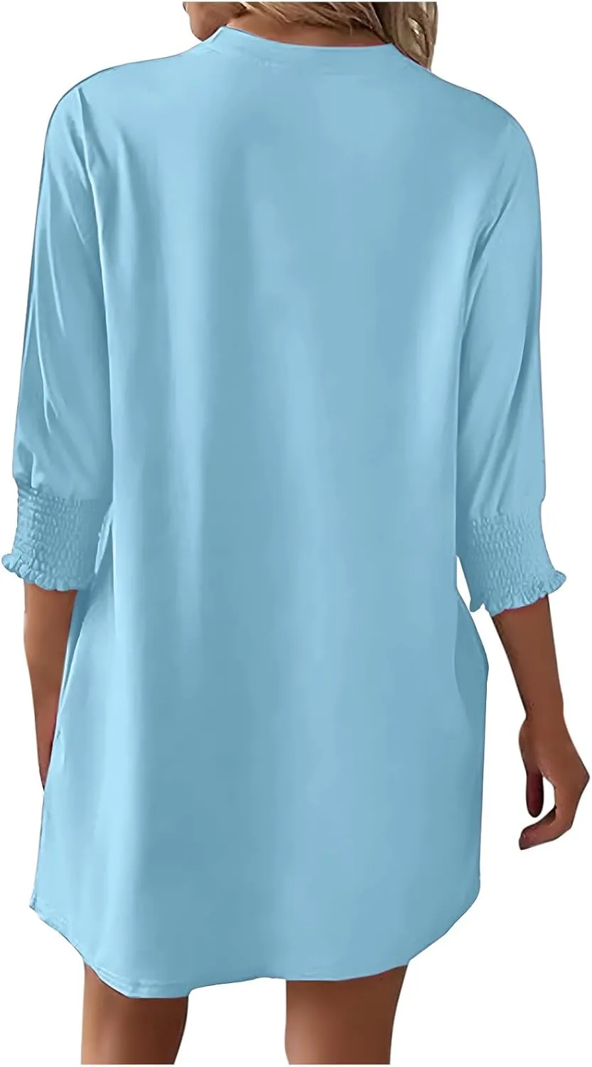 3/4 Sleeve Womens Dresses Summer Spring Quarter Sleeve Crew Neck Mini Dress Loose Fit Beach Coverups Comfy Tshirt Dress