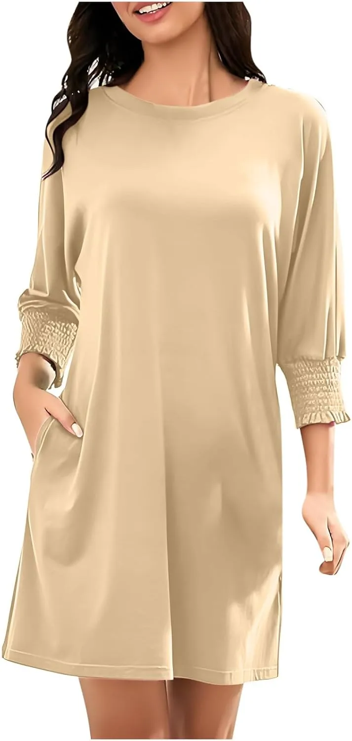 3/4 Sleeve Womens Dresses Summer Spring Quarter Sleeve Crew Neck Mini Dress Loose Fit Beach Coverups Comfy Tshirt Dress
