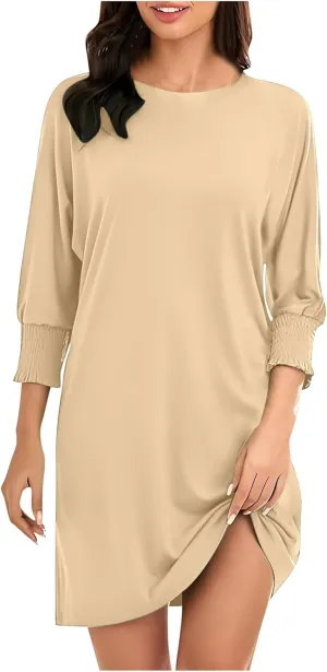 3/4 Sleeve Womens Dresses Summer Spring Quarter Sleeve Crew Neck Mini Dress Loose Fit Beach Coverups Comfy Tshirt Dress