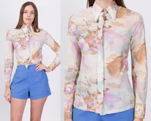 70s Novelty Pastoral Print Disco Top - Extra Small