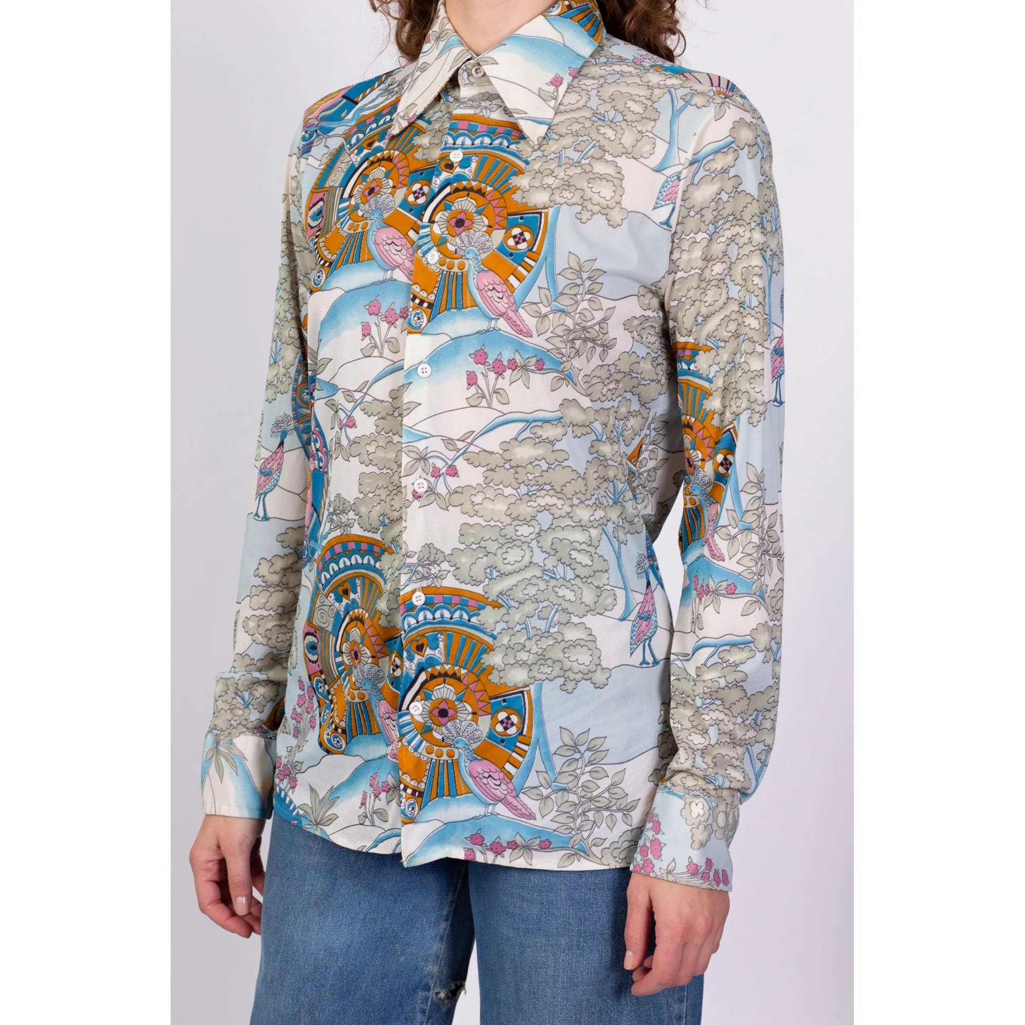 70s Psychedelic Bird Print Disco Shirt - Men's Medium