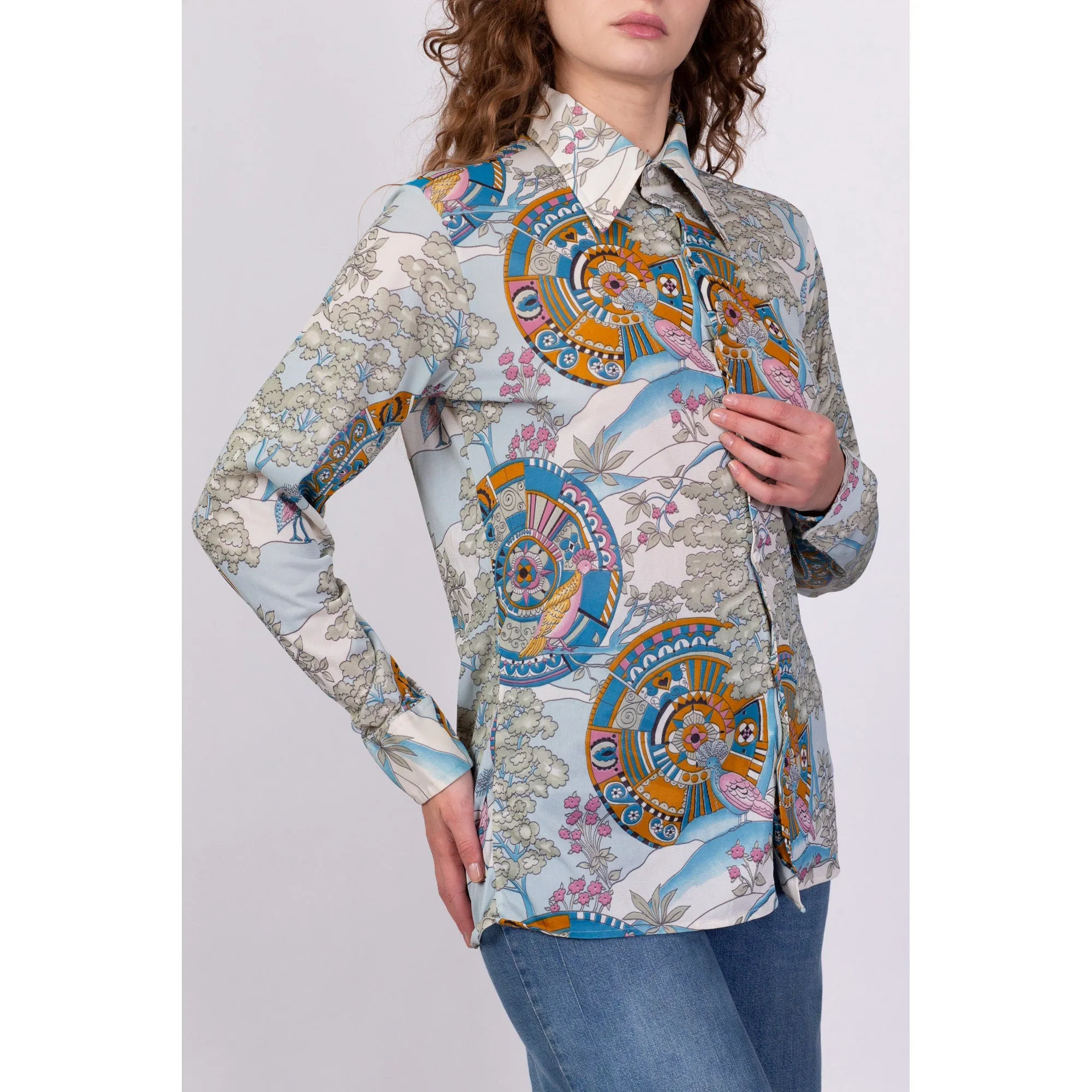 70s Psychedelic Bird Print Disco Shirt - Men's Medium