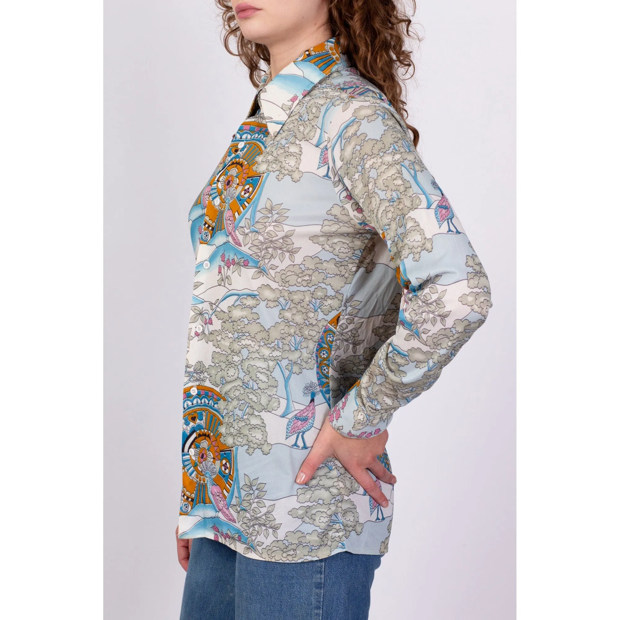 70s Psychedelic Bird Print Disco Shirt - Men's Medium