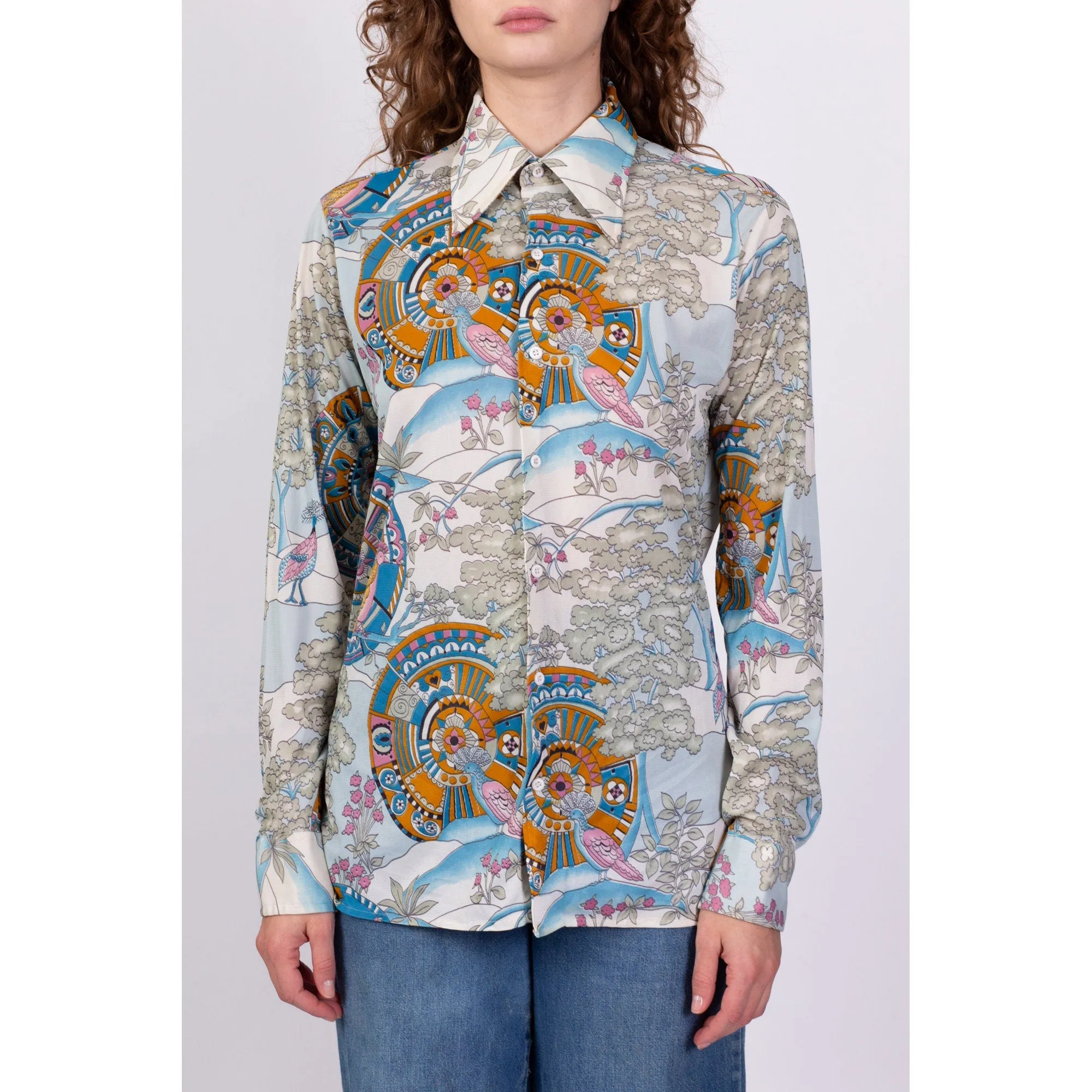 70s Psychedelic Bird Print Disco Shirt - Men's Medium
