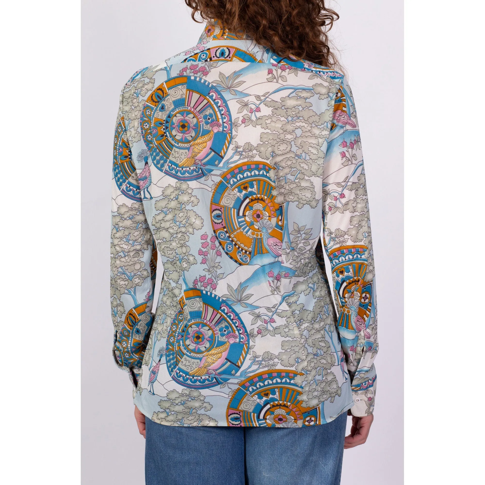 70s Psychedelic Bird Print Disco Shirt - Men's Medium