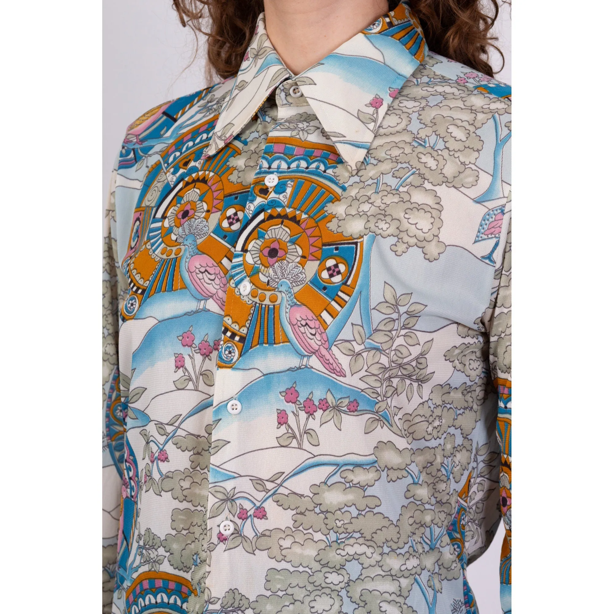 70s Psychedelic Bird Print Disco Shirt - Men's Medium