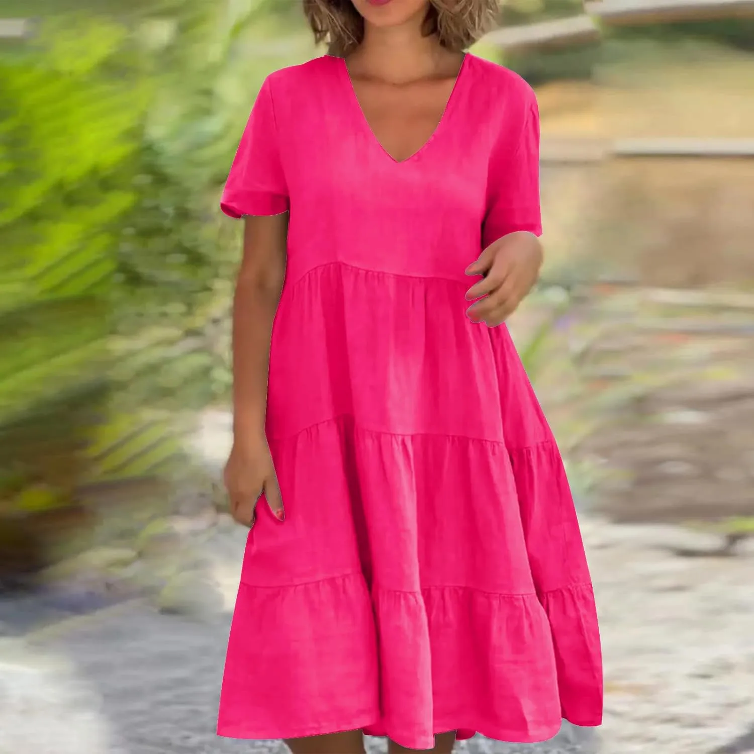a Line Dresses for Women 2024 Plus Size Short Sleeve Tiered Knee Length Dresses v Neck Solid Loose Fit Casual Dresses