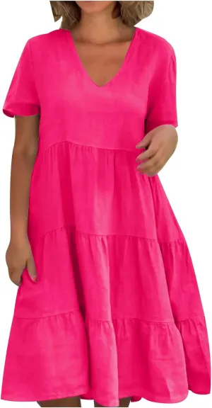 a Line Dresses for Women 2024 Plus Size Short Sleeve Tiered Knee Length Dresses v Neck Solid Loose Fit Casual Dresses