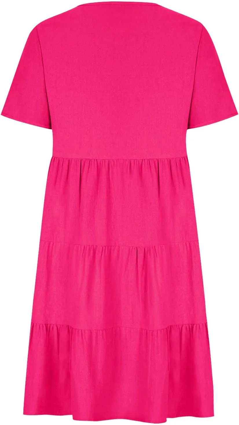a Line Dresses for Women 2024 Plus Size Short Sleeve Tiered Knee Length Dresses v Neck Solid Loose Fit Casual Dresses