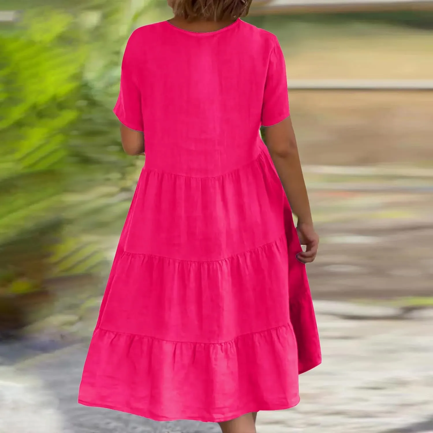 a Line Dresses for Women 2024 Plus Size Short Sleeve Tiered Knee Length Dresses v Neck Solid Loose Fit Casual Dresses