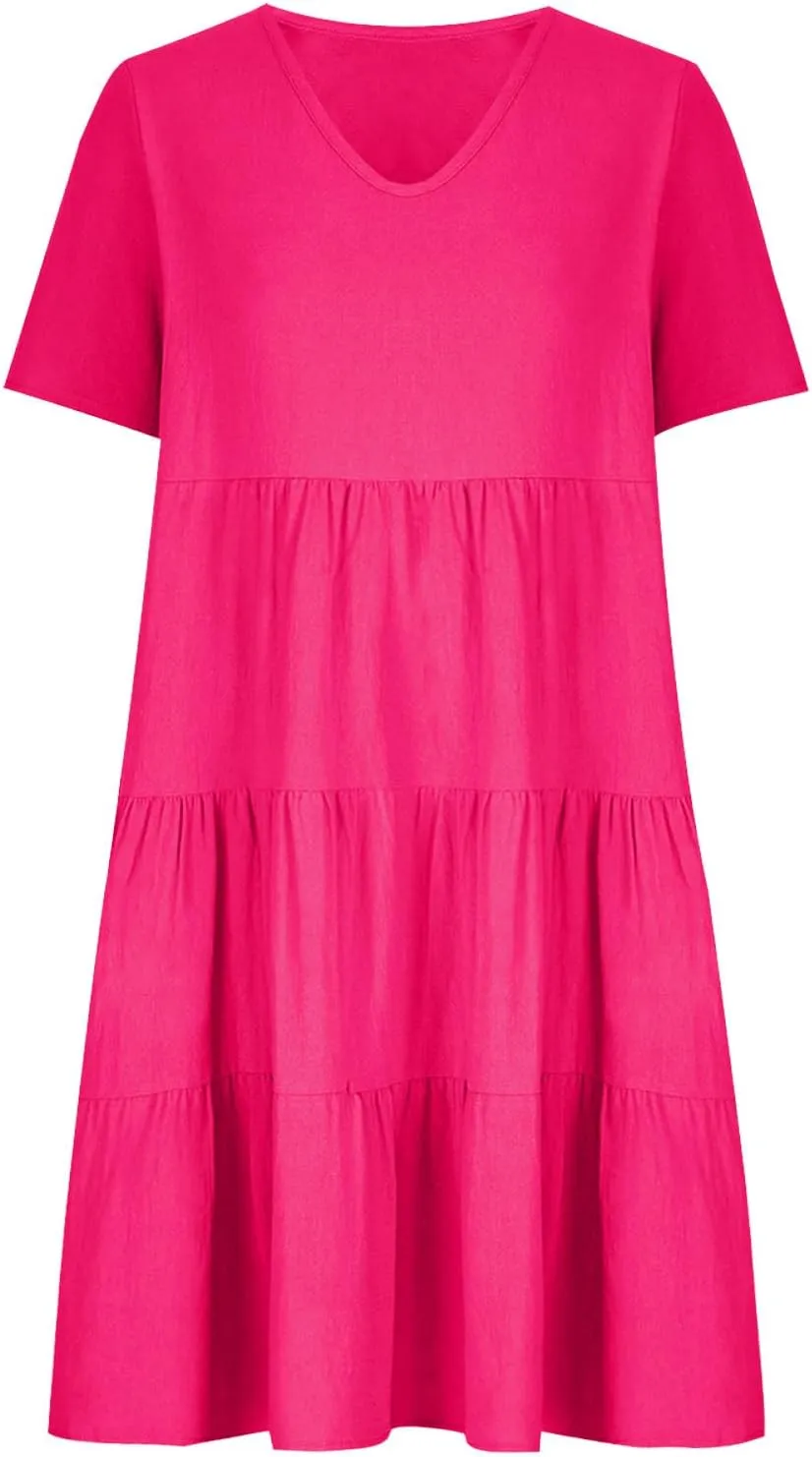 a Line Dresses for Women 2024 Plus Size Short Sleeve Tiered Knee Length Dresses v Neck Solid Loose Fit Casual Dresses