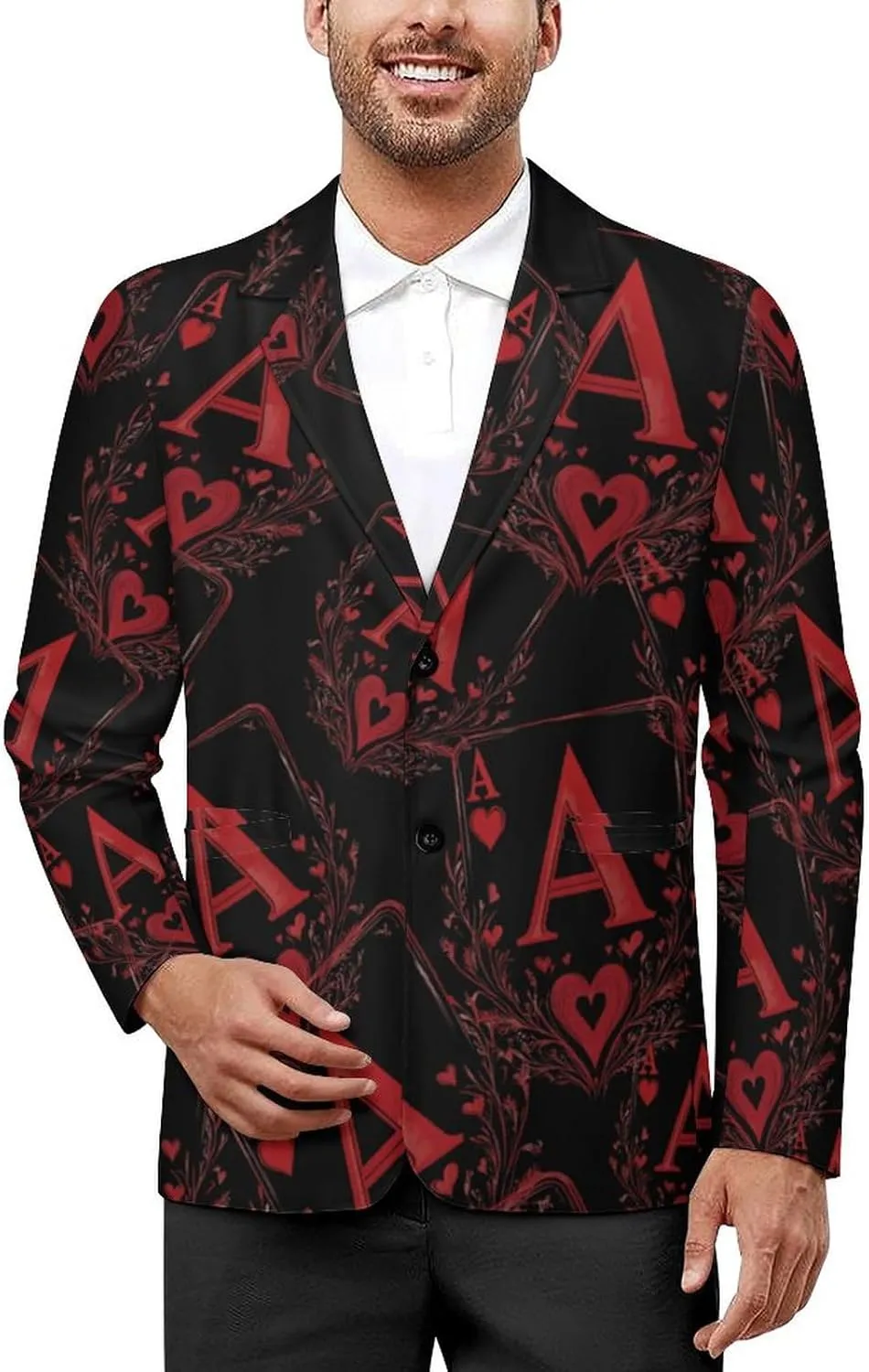 A Red-Heart Poker Mens Blazer Casual Two Button Lapel Suits Jacket Lightweight Business Coats