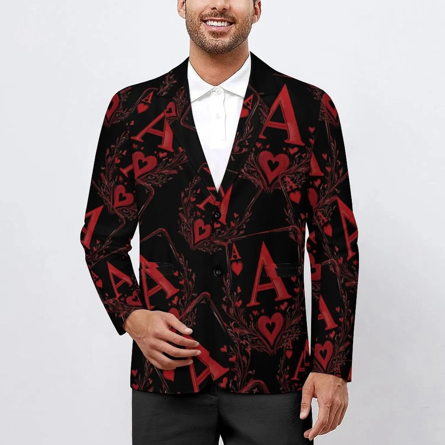A Red-Heart Poker Mens Blazer Casual Two Button Lapel Suits Jacket Lightweight Business Coats