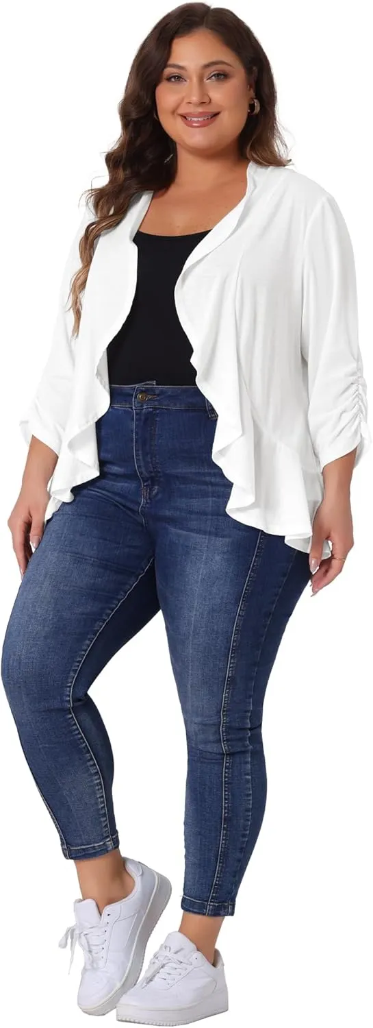 Agnes Orinda Plus Size Cardigan for Women Soft 3/4 Sleeve Open Front Cropped Shrug Bolero Cardigans Jacket