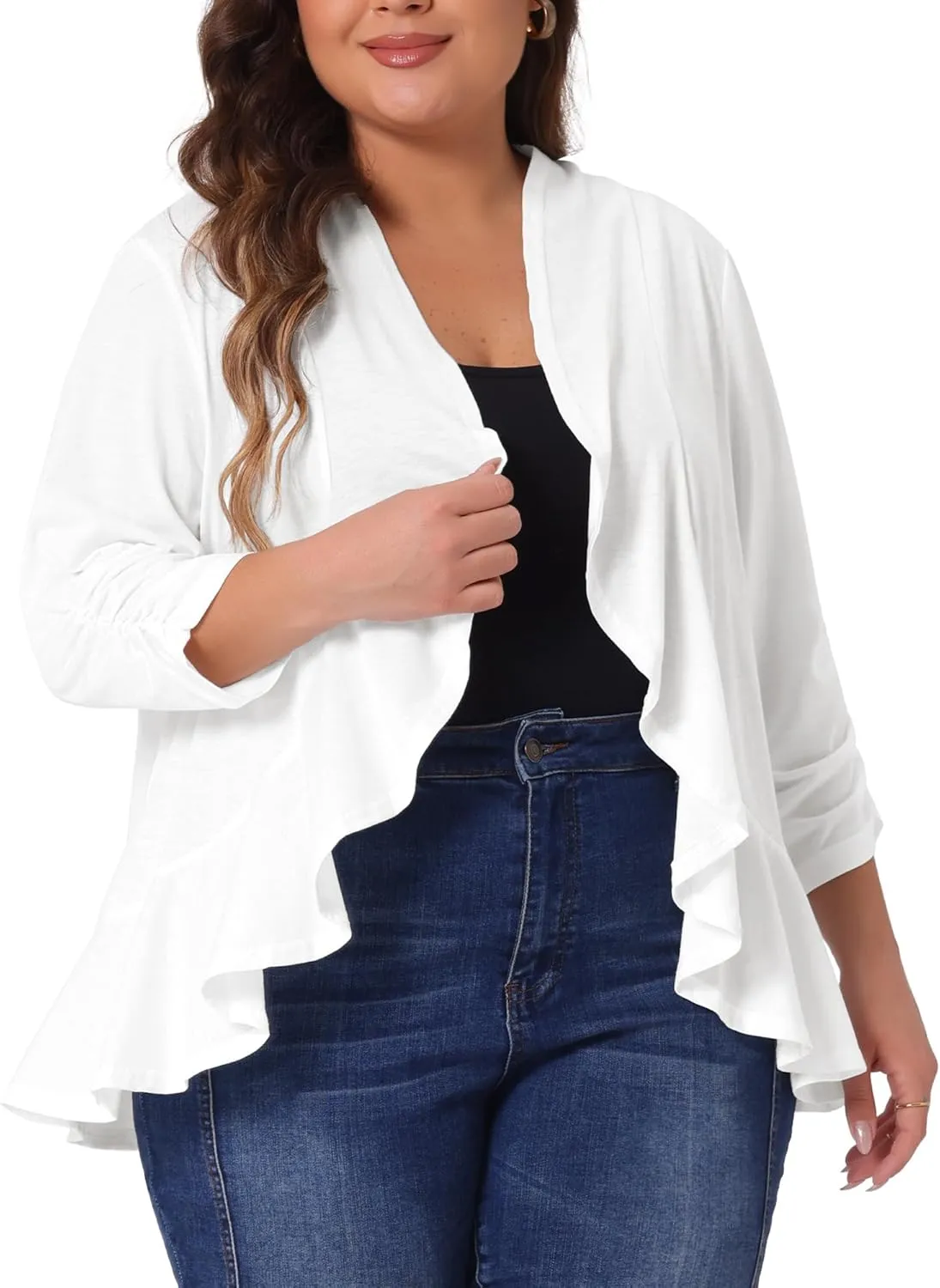 Agnes Orinda Plus Size Cardigan for Women Soft 3/4 Sleeve Open Front Cropped Shrug Bolero Cardigans Jacket