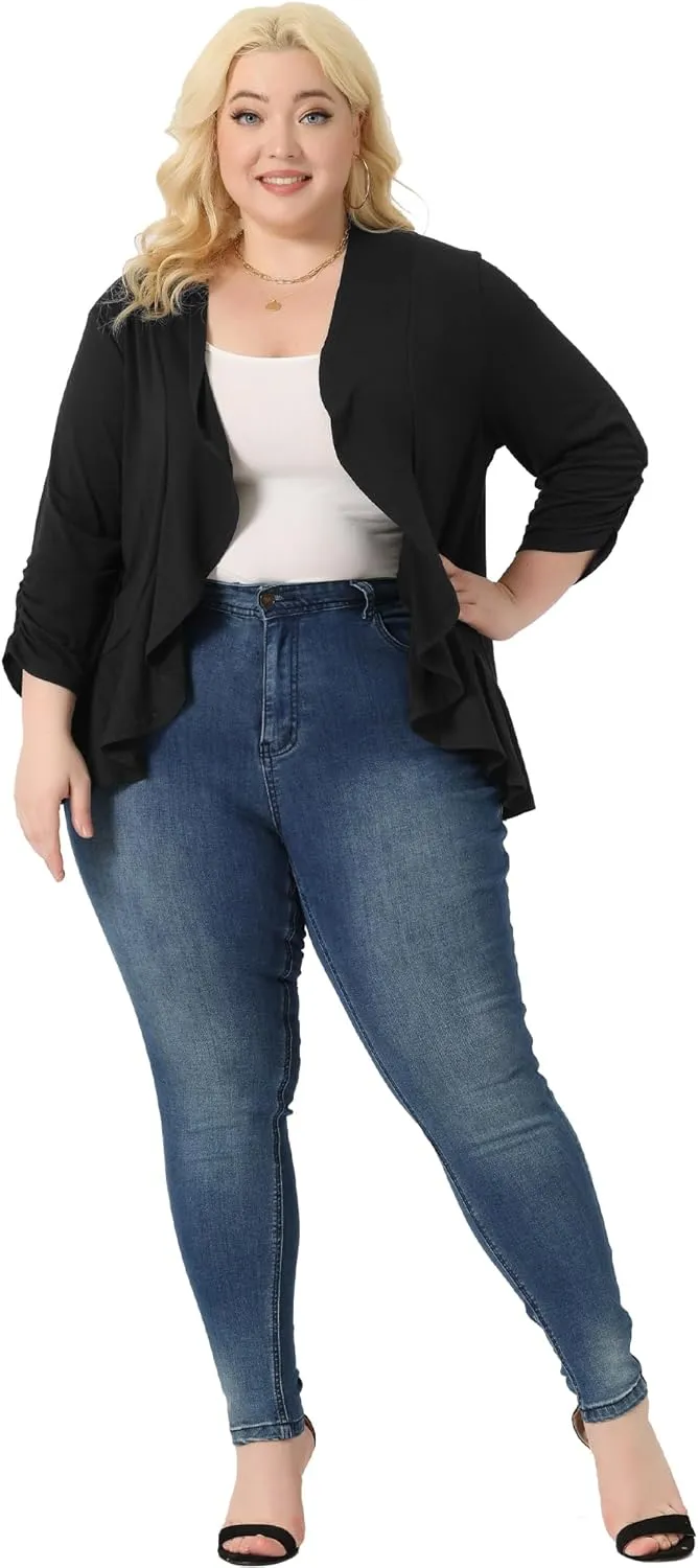 Agnes Orinda Plus Size Cardigan for Women Soft 3/4 Sleeve Open Front Cropped Shrug Bolero Cardigans Jacket