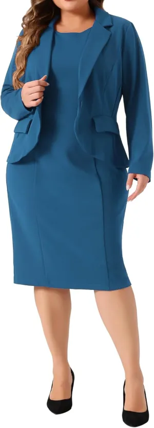 Agnes Orinda Plus Size Dress Suits for Women Two Piece Outfits Blazers Jacket and Sleeveless Dress Business Casual Suit Sets