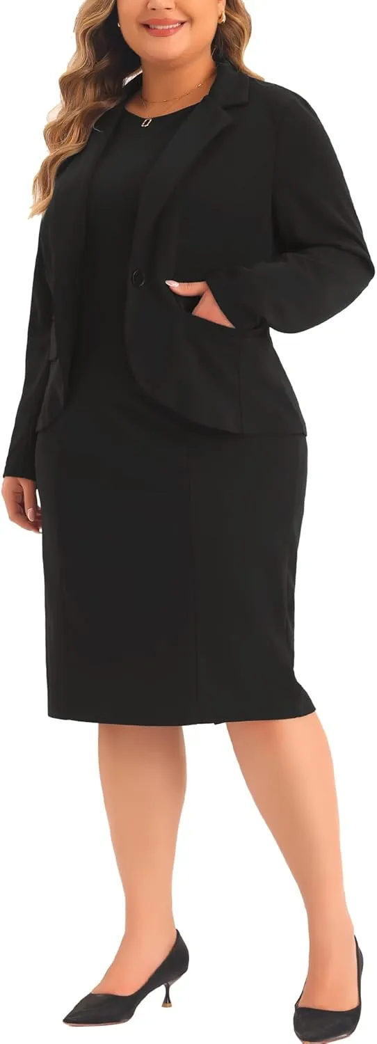 Agnes Orinda Plus Size Dress Suits for Women Two Piece Outfits Blazers Jacket and Sleeveless Dress Business Casual Suit Sets
