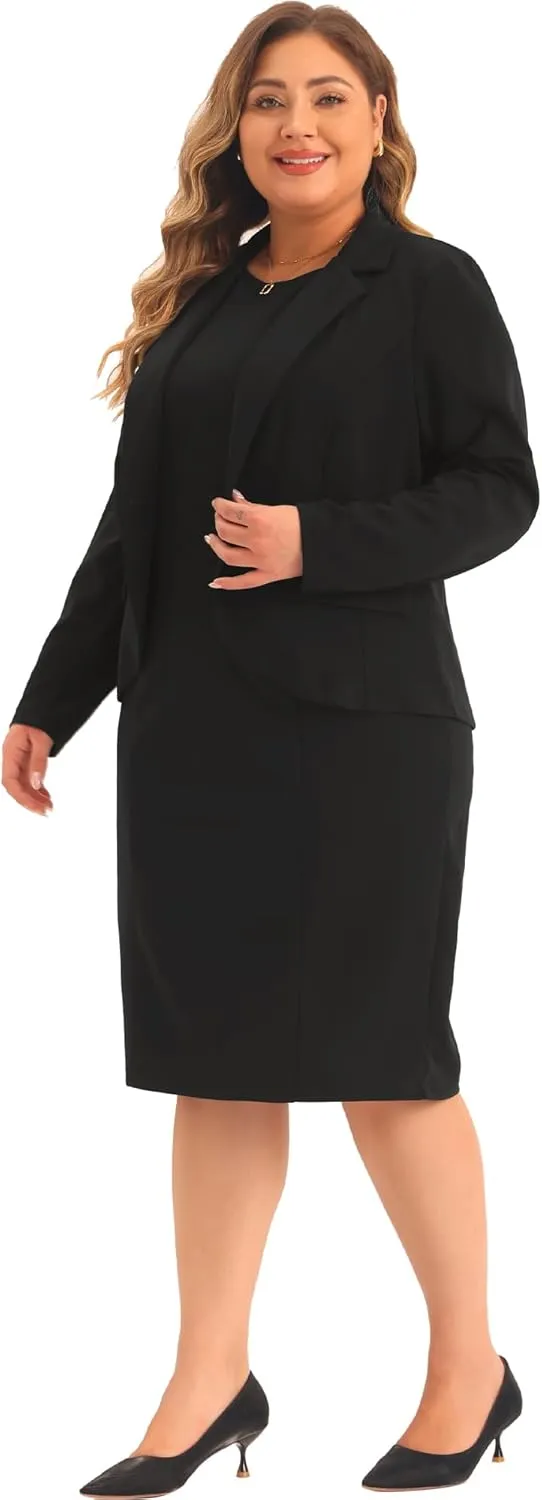 Agnes Orinda Plus Size Dress Suits for Women Two Piece Outfits Blazers Jacket and Sleeveless Dress Business Casual Suit Sets
