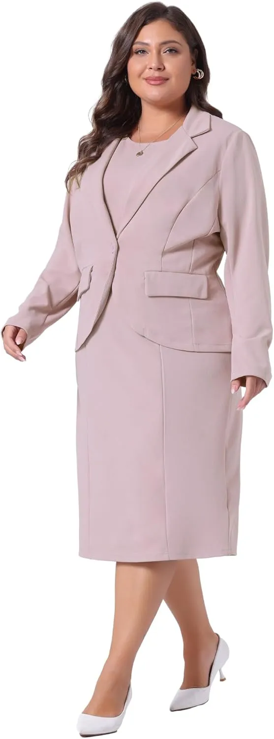 Agnes Orinda Plus Size Dress Suits for Women Two Piece Outfits Blazers Jacket and Sleeveless Dress Business Casual Suit Sets