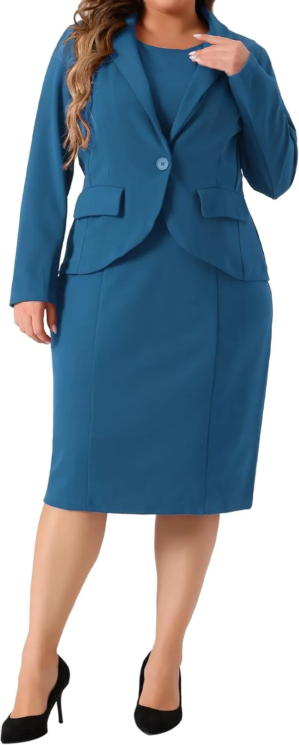 Agnes Orinda Plus Size Dress Suits for Women Two Piece Outfits Blazers Jacket and Sleeveless Dress Business Casual Suit Sets