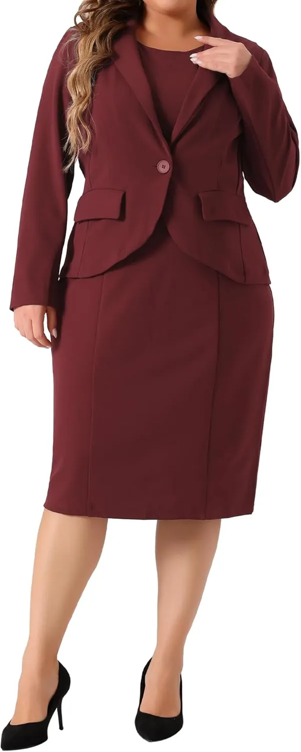 Agnes Orinda Plus Size Dress Suits for Women Two Piece Outfits Blazers Jacket and Sleeveless Dress Business Casual Suit Sets