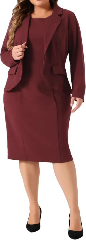 Agnes Orinda Plus Size Dress Suits for Women Two Piece Outfits Blazers Jacket and Sleeveless Dress Business Casual Suit Sets