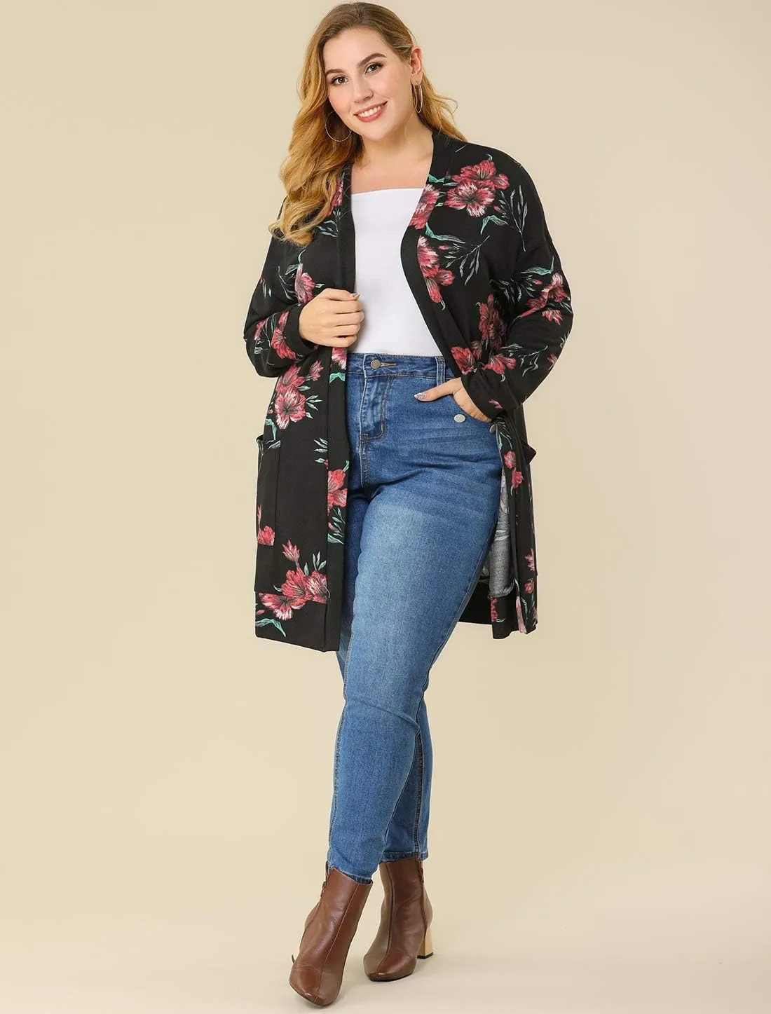 Agnes Orinda Women's Plus Size Lightweight Cardigan Casual Soft Long Sleeve Floral Knit Cardigans with Pockets